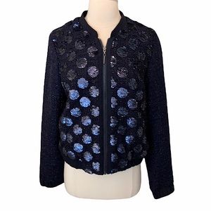 Anthropologie Elevenses Black and Blue Polkadot Sequin Bomber Jacket